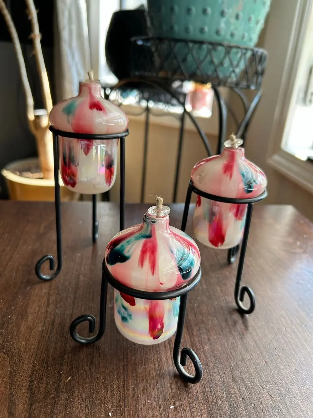 3 Vintage hand-blown glass oil lamps w/ black metal stands